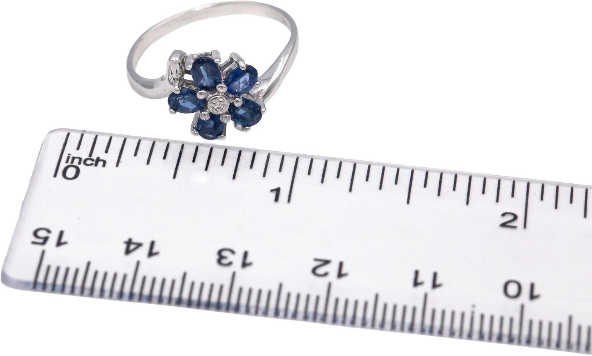 14k White Gold Oval and Round Sapphire and Diamond Flower Ring 1.26CT Size 8.5