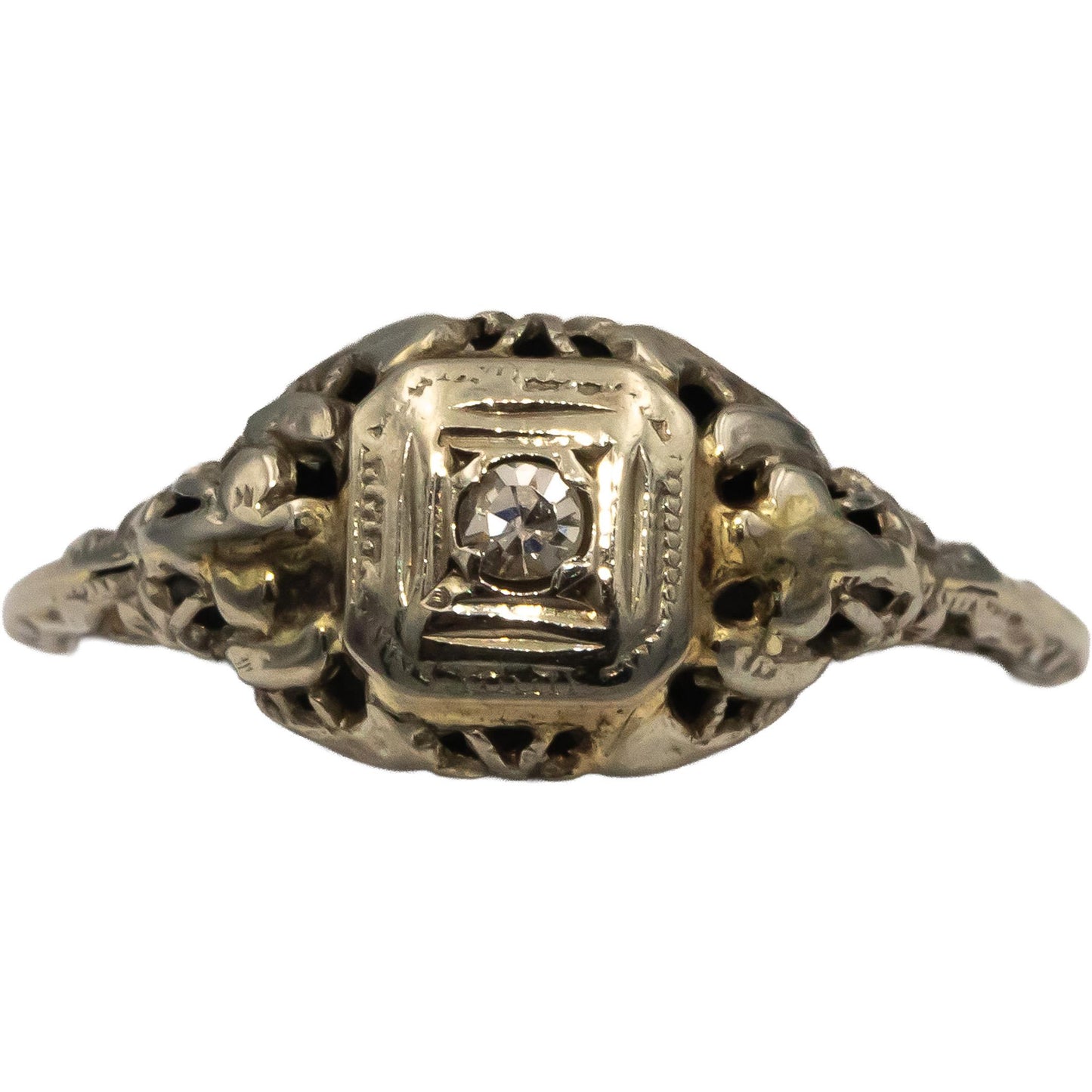 Vintage Antique 18k White Gold Old Euro Diamond Solitaire Filigree Ring 0.05CT