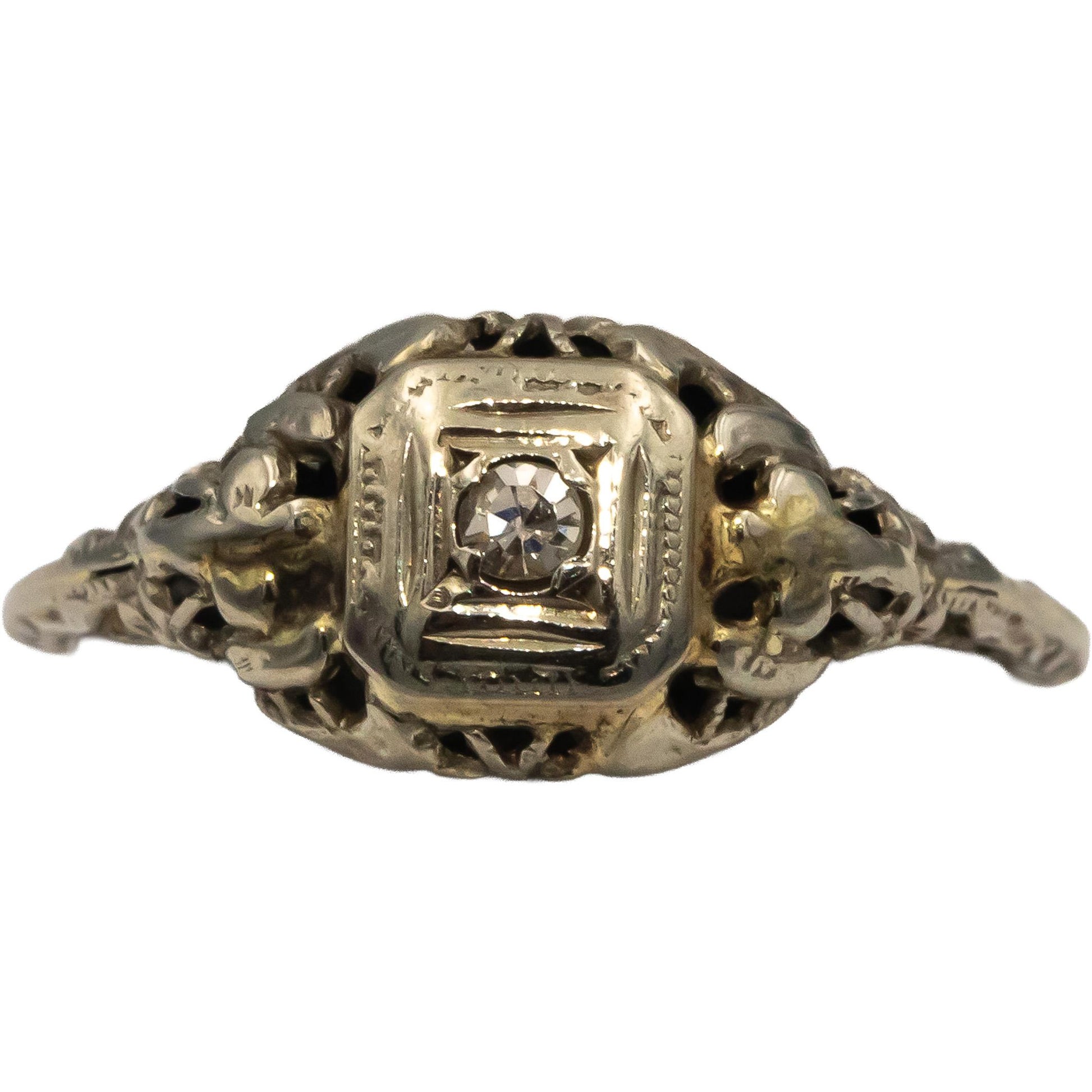 Vintage Antique 18k White Gold Old Euro Diamond Solitaire Filigree Ring 0.05CT