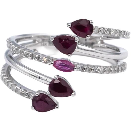 14k White Gold Diamond Ruby Spiral Bypass Ring 1.23CT Size 7
