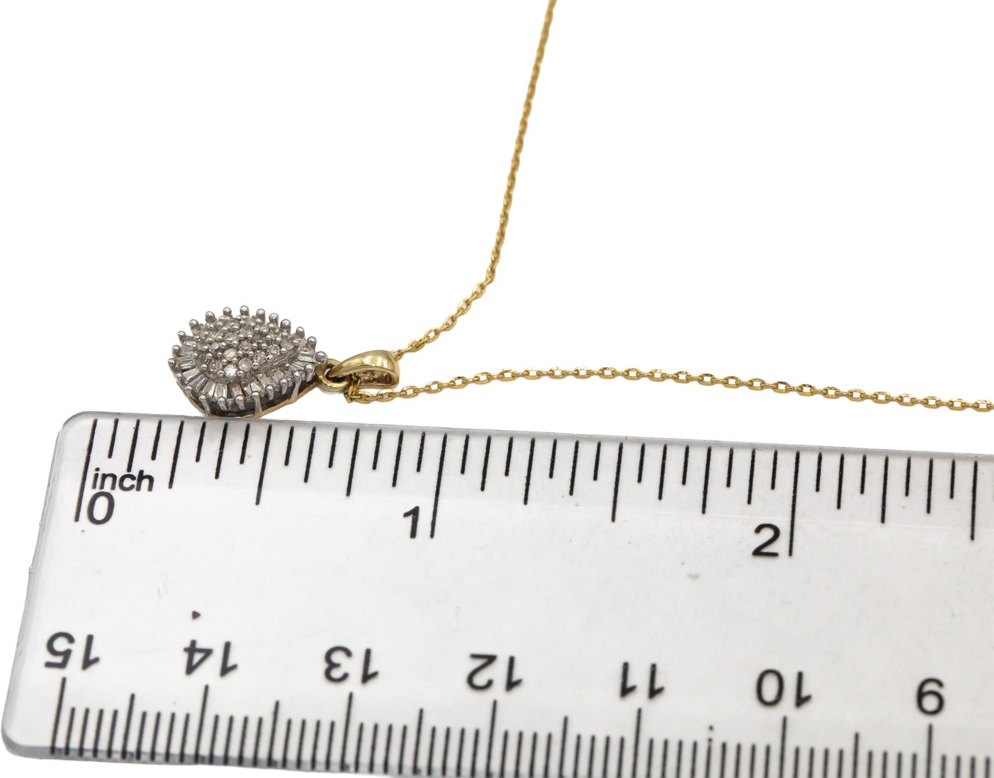 10k White & Yellow Gold Round & Baguette Diamond Cluster Pendant Necklace 0.25CT