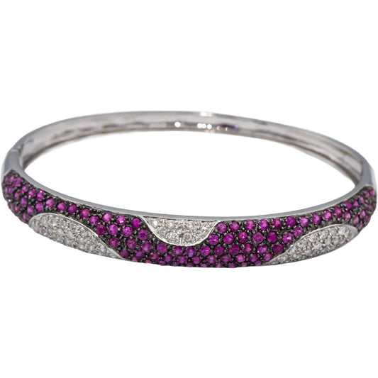 14k White Gold Round Diamond & Ruby Cluster Bangle Bracelet 4.25CTW