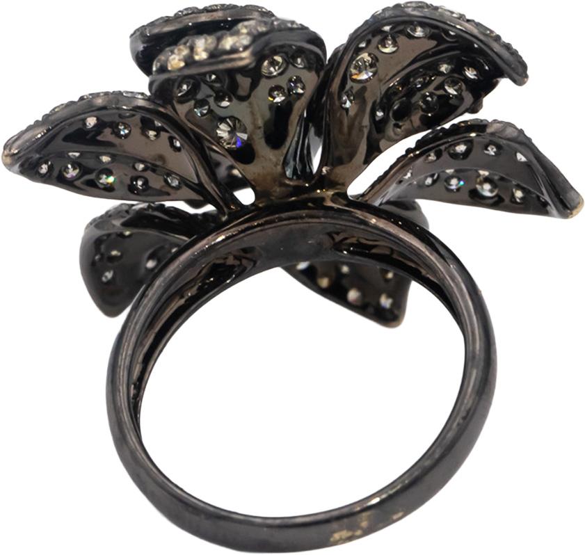14k Black Gold Round Diamond Jumbo Flower Cocktail Ring 2.50CT Size 6.5