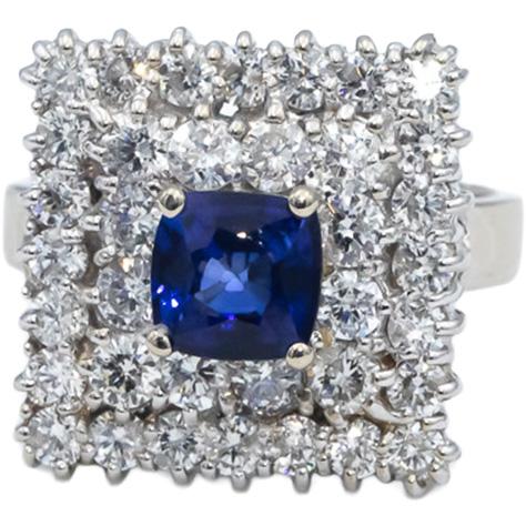 14k White Gold Cushion Cut Sapphire Round Diamond Cluster Cocktail Ring 2.95CT