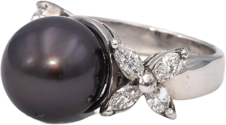 14k White Gold Marquise Diamond 12.7mm Black Tahitian Pearl Ring 1.50CT Size 7