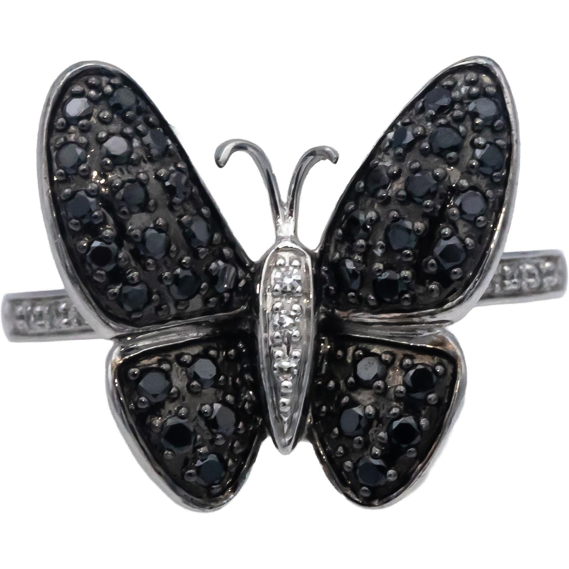 14k White Gold White & Black Diamond Cluster Butterfly Ring 0.35CT Size 6.5