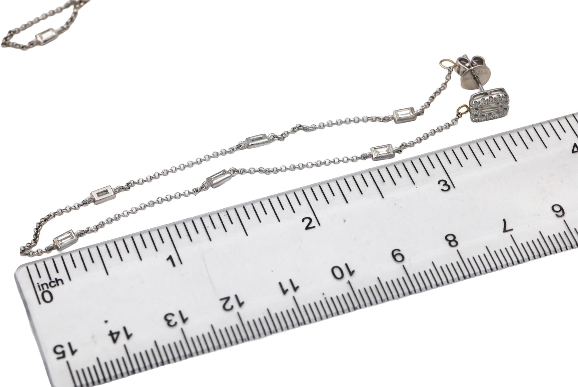 18k White Gold Round & Baguette Cut Diamond By The Yard Dangle Earrings .70CTW