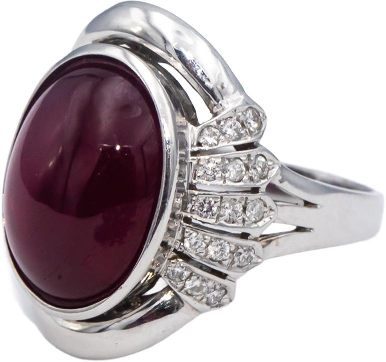 CGL Certified 14k White Gold Cabochon Ruby & Round Diamond Ring 10.85CT Size 7