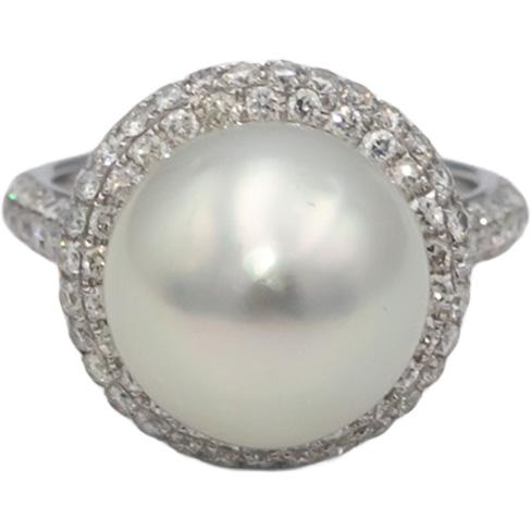 18k White Gold VS Round Diamond & 12.8-12.9mm Pearl Ring 1.04CT Size 6.75