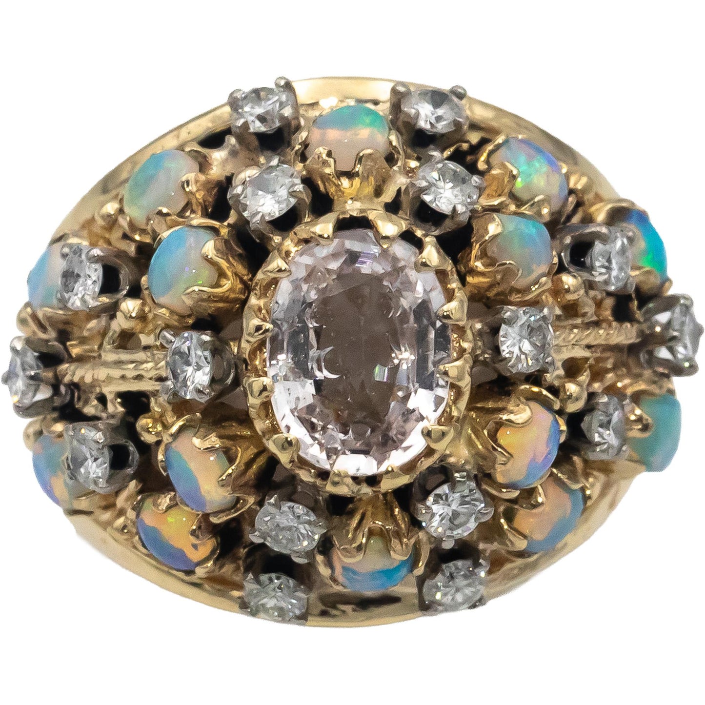 Vintage 14k Gold Pink Sapphire Opal Diamond Cocktail Ring 2.46CT Size 7