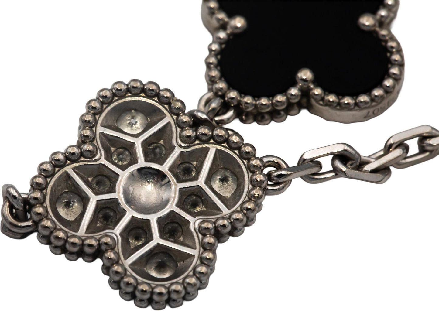 VAN CLEEF & ARPELS 18k White Gold Diamond Onyx Clover Alhambra Bracelet w Papers