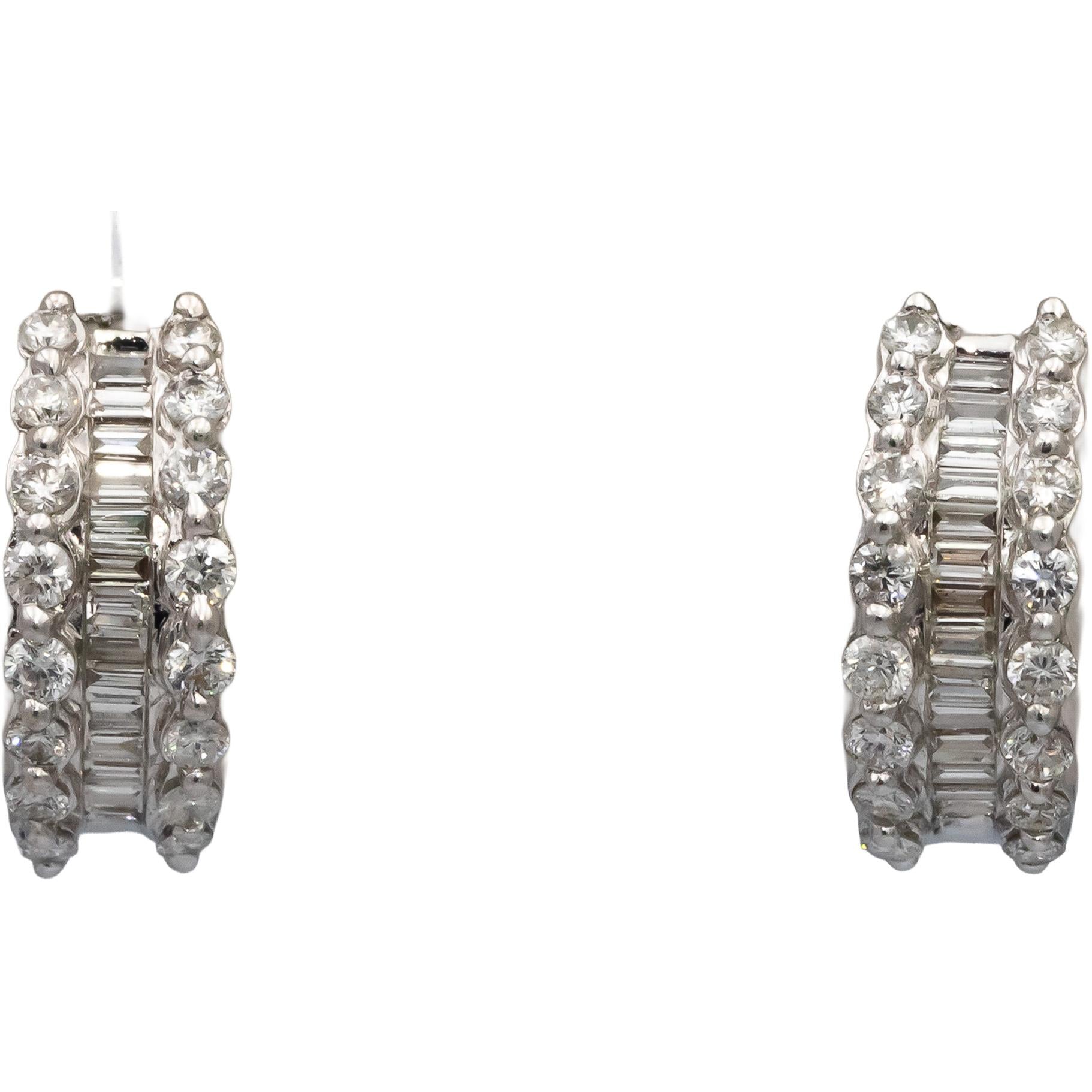 18k White Gold Round & Baguette Cut Diamond Hoop Huggie Earrings 1.10CT