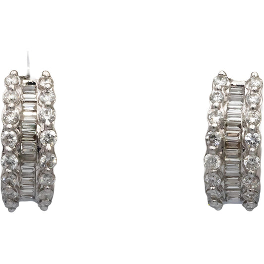 18k White Gold Round & Baguette Cut Diamond Hoop Huggie Earrings 1.10CT