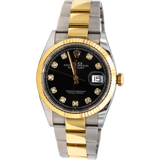 ROLEX 18k Gold Stainless Steel Datejust Black Factory Dial 36mm Watch Ref 126233