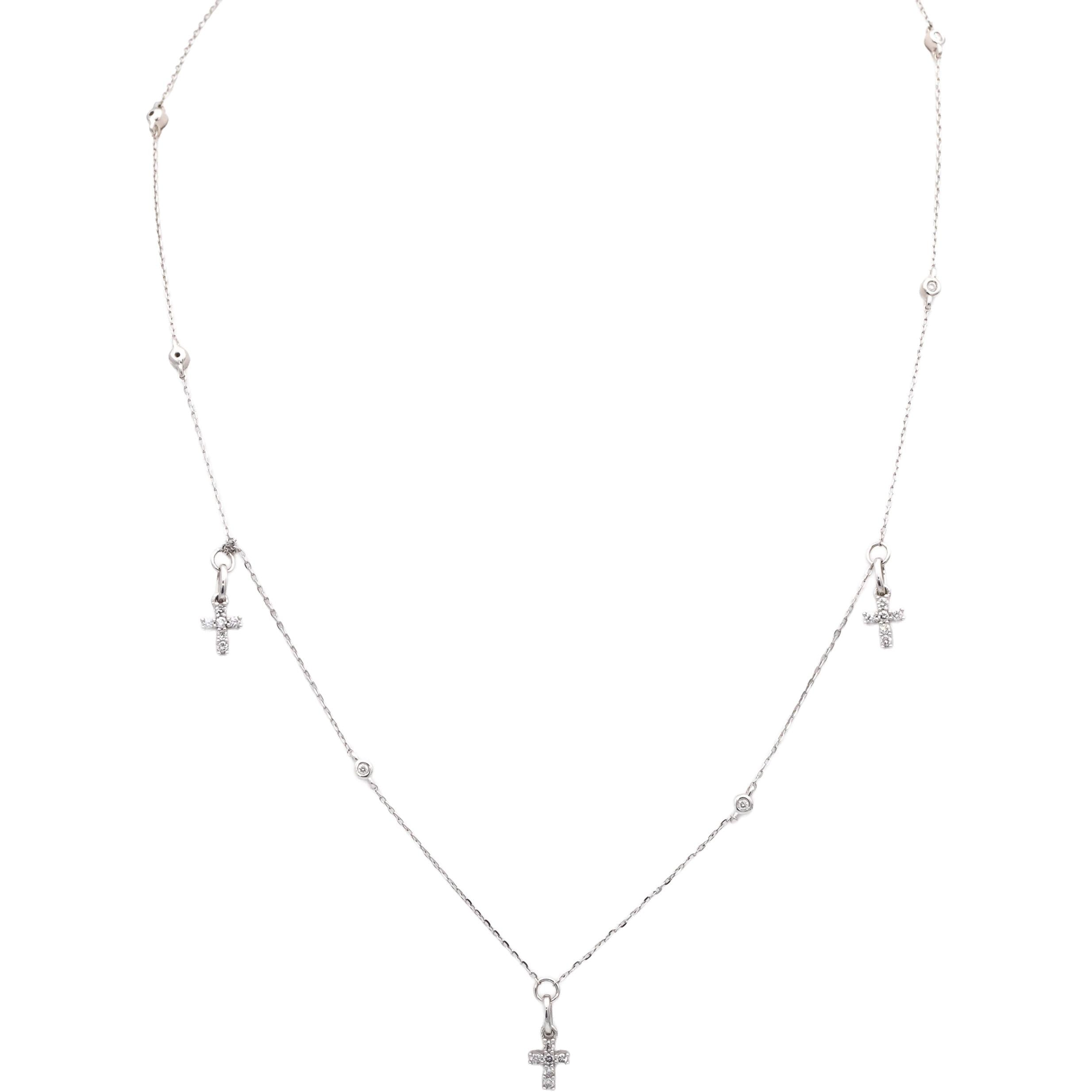 10k White Gold Round Diamond By The Yard Cross Dangle Necklace 0.34CT