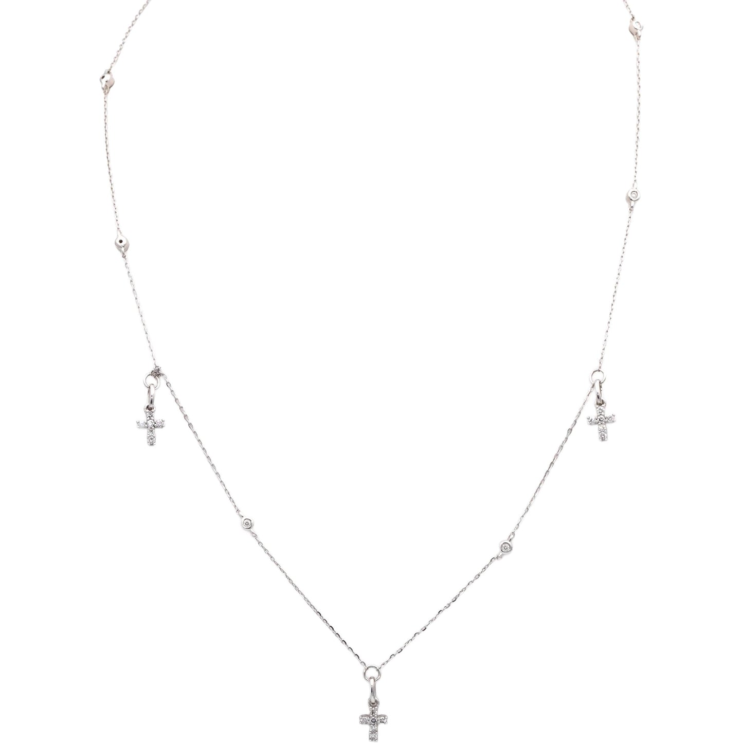 10k White Gold Round Diamond By The Yard Cross Dangle Necklace 0.34CT