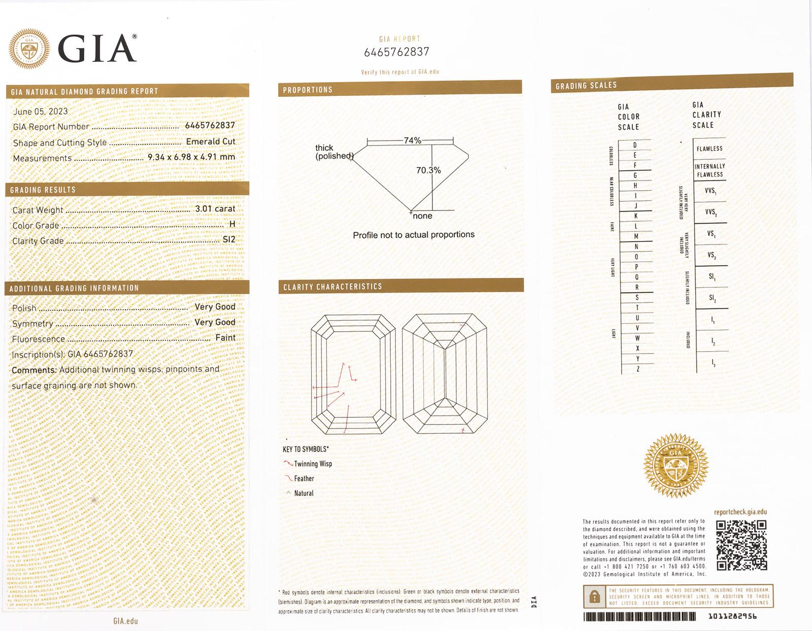 GIA Certified SI2/H Emerald Cut Diamond Loose Stone 3.01CT