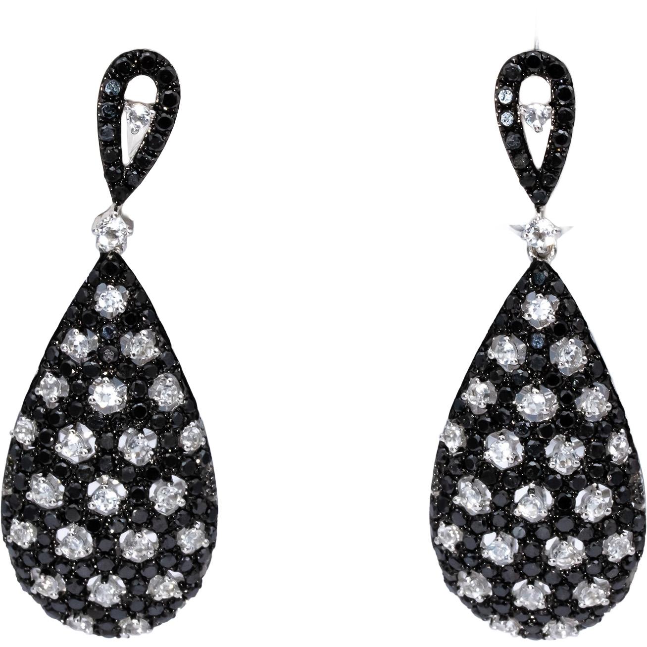 14k White Gold White Topaz and Black Diamond Cluster Dangle Earrings 2.50CTW