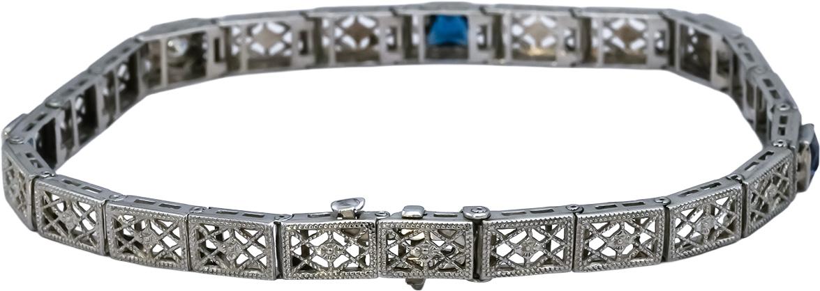 Vintage Antique 14k White Gold Diamond & Synthetic Gemstone Bracelet 0.15CT