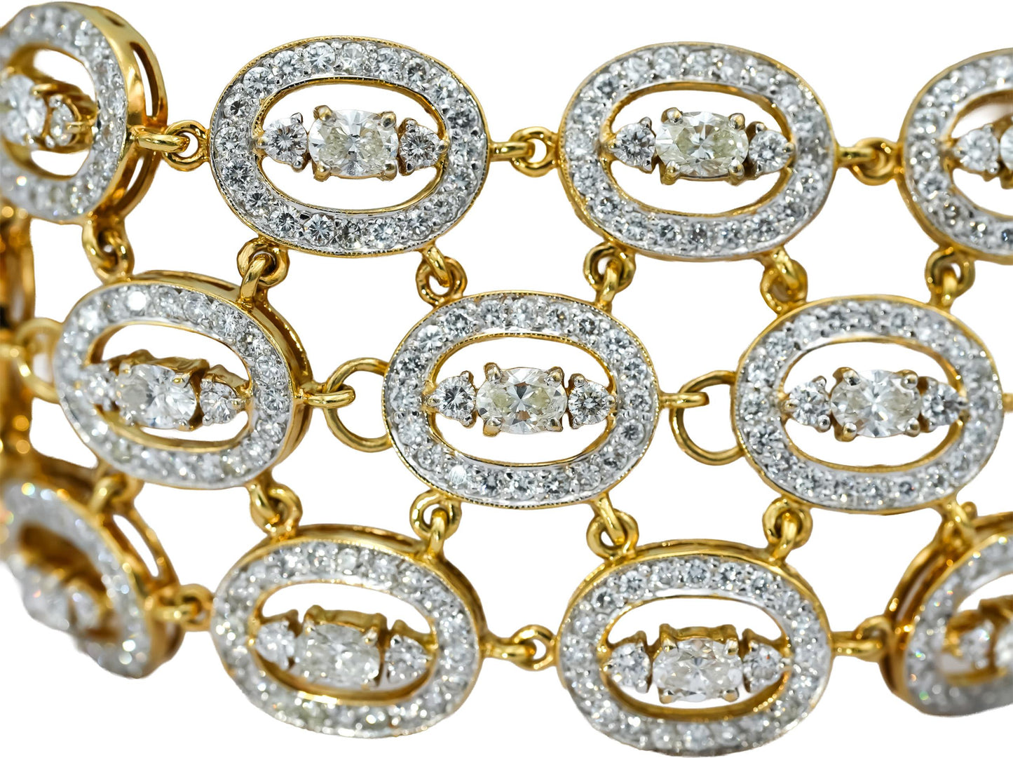 18k Yellow Gold Round and Oval Cut Diamond Halo Link Wide Bracelet 22.0CT
