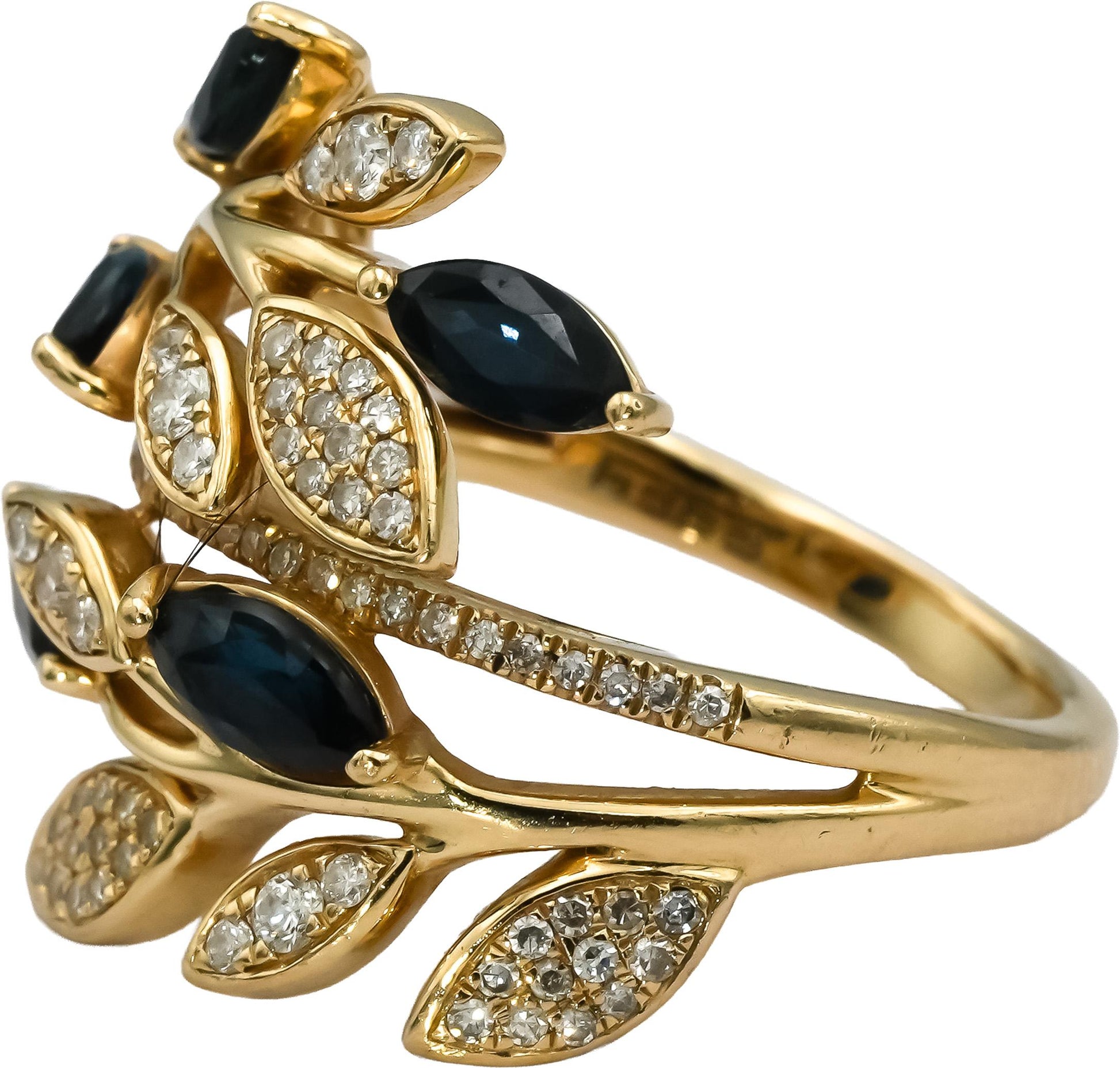 EFFY 14k Yellow Gold Diamond and Sapphire Floral Bypass Ring 0.97CTW Size 7