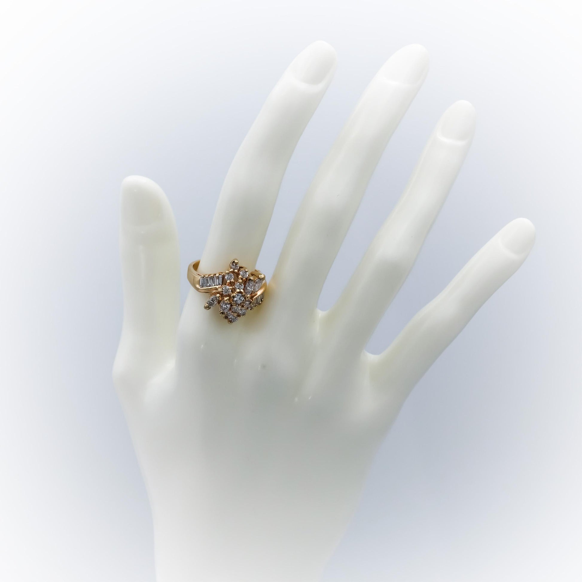 14k Yellow Gold Marquise Baguette Round Diamond Cocktail Ring 1.50CT Size 7