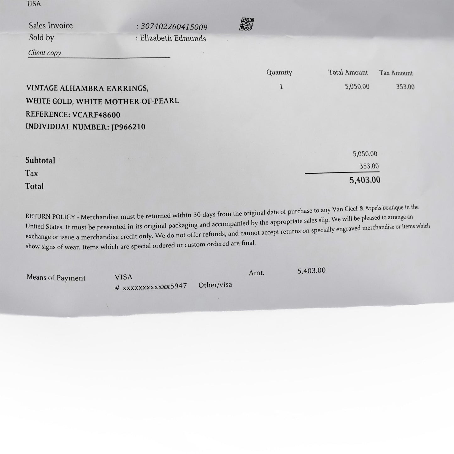 VAN CLEEF & ARPELS 18k White Gold Alhambra Mother of Pearl Earrings w Box Papers