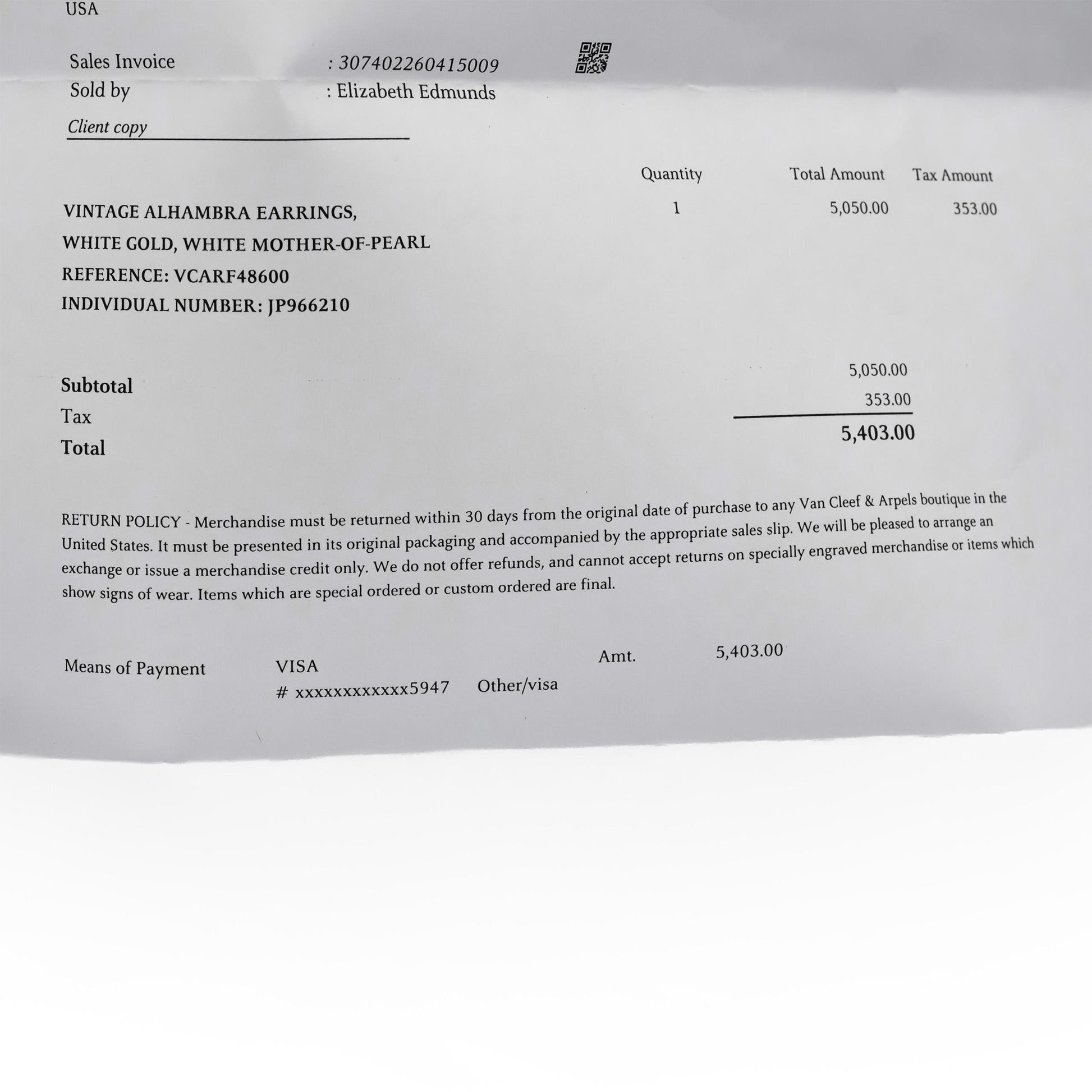 VAN CLEEF & ARPELS 18k White Gold Alhambra Mother of Pearl Earrings w Box Papers