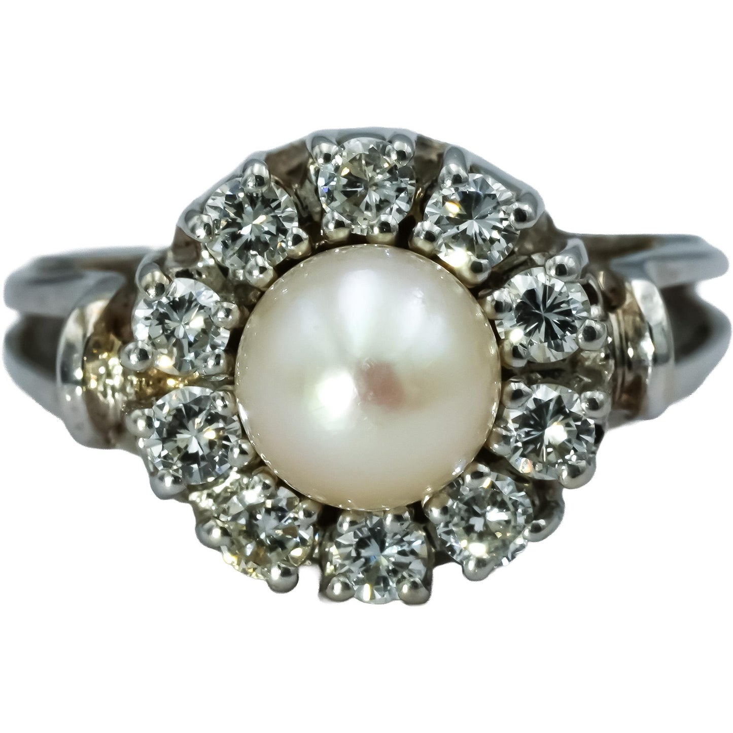 14k White Gold VS Diamond and 7.8mm Pearl Cocktail Ring 0.75CT Size 8.25