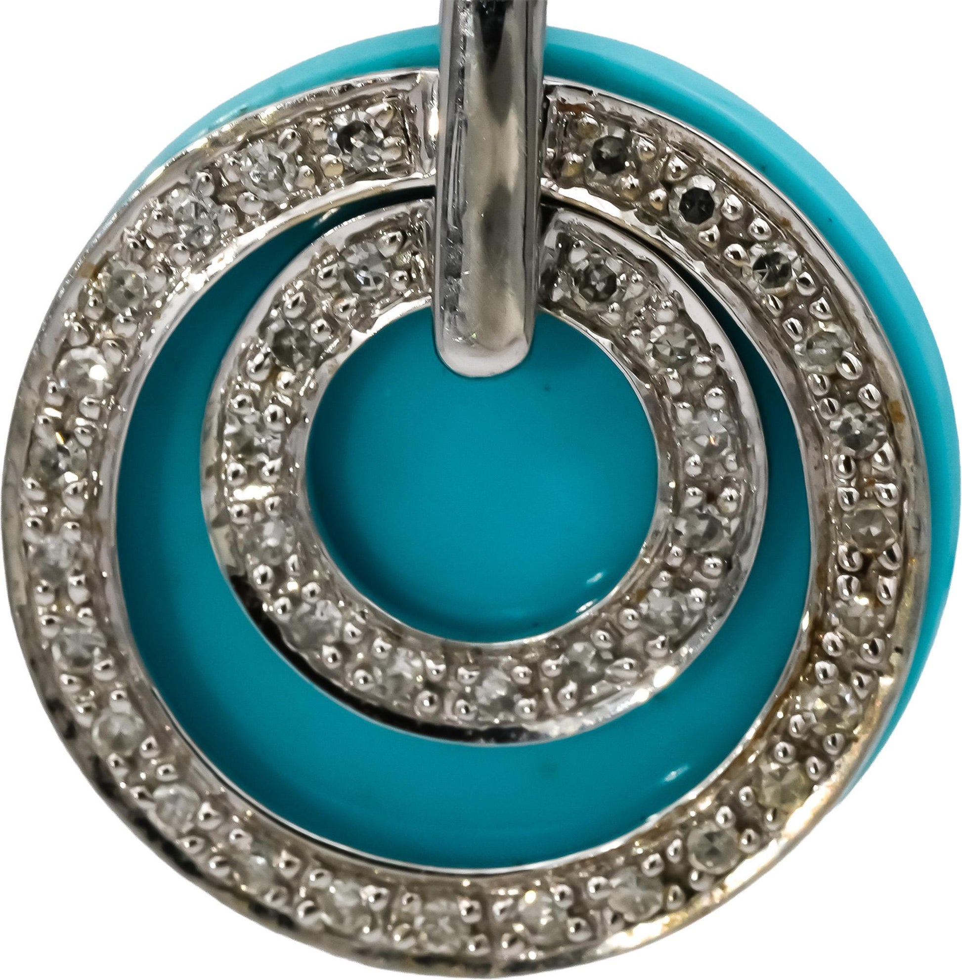 14k White Gold Round Diamond and Turquoise Drop Dangle Earrings 0.35CT