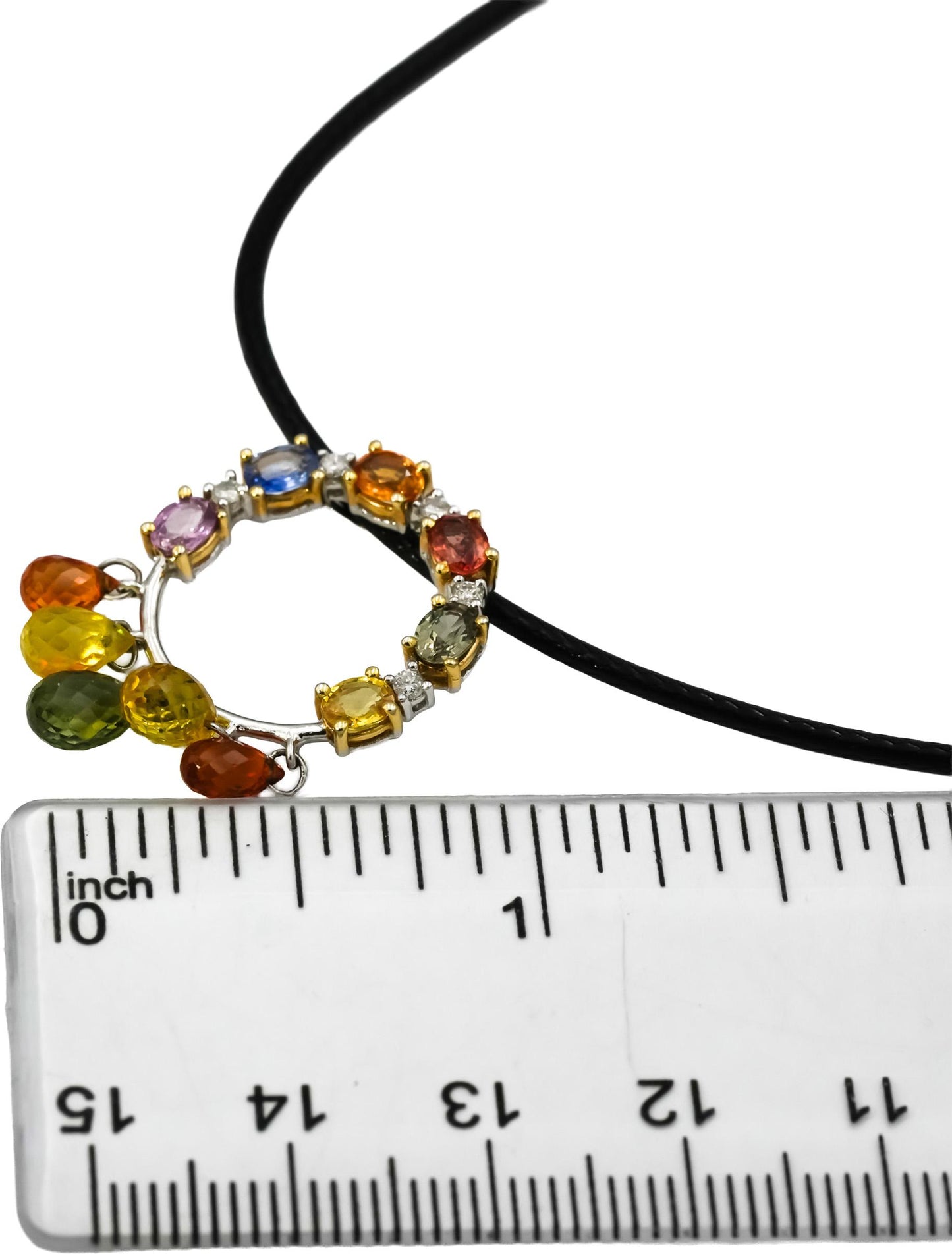 18k White Gold Diamond and Multi Color Sapphire Dangle Pendant Necklace 0.10CT