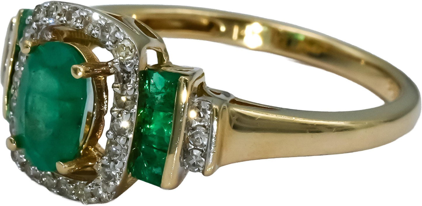 14k Yellow Gold Diamond and Emerald Cocktail Ring 1.10CT Size 7.25