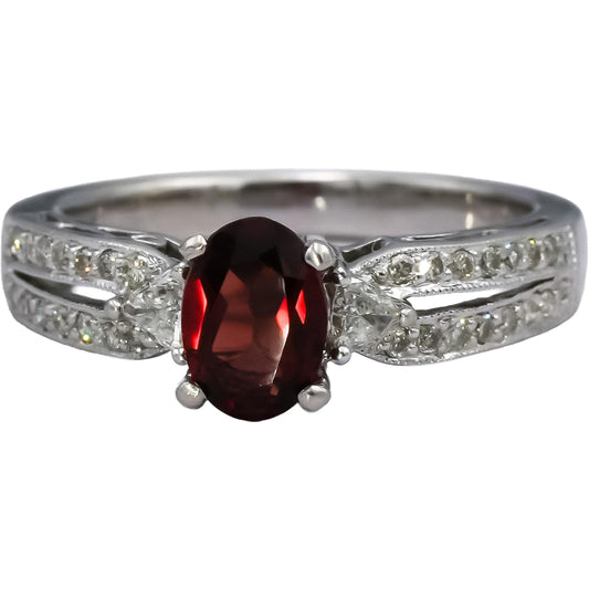 14k White Gold Round Diamond and Oval Garnet Ring 1.08CT Size 6