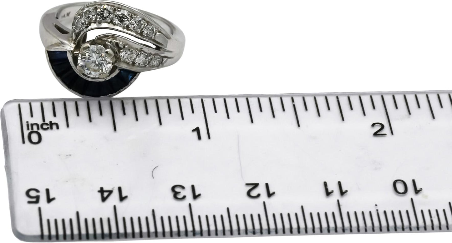 Antique Retro 14k White Gold Diamond and Sapphire Ring 1.20CT Size 5.75