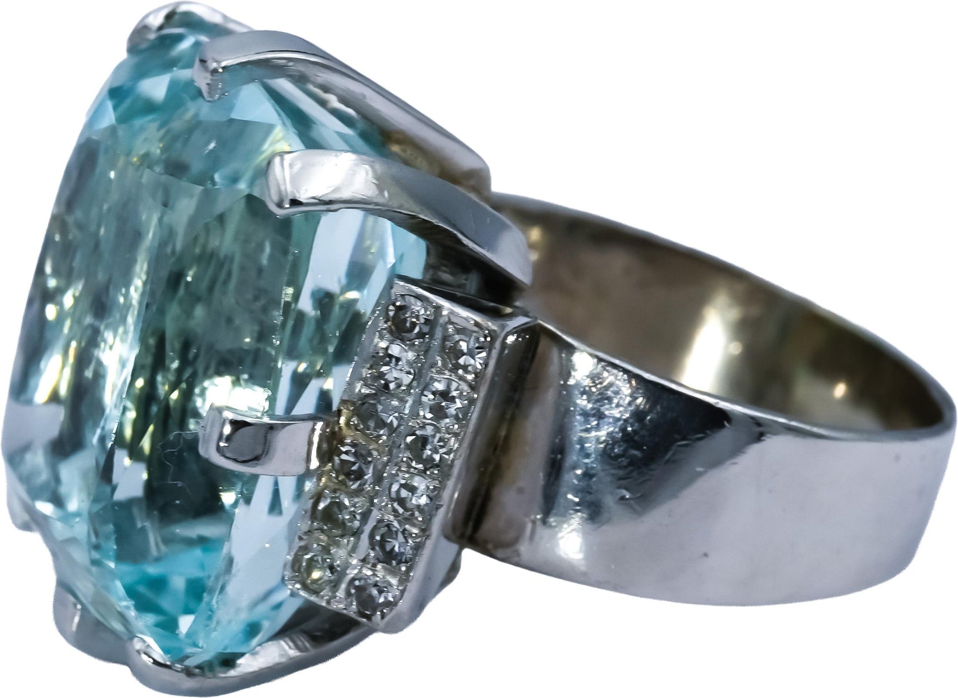 Retro Antique 12-14k White Gold Diamond and Aquamarine Ring 35.52CT Size 9