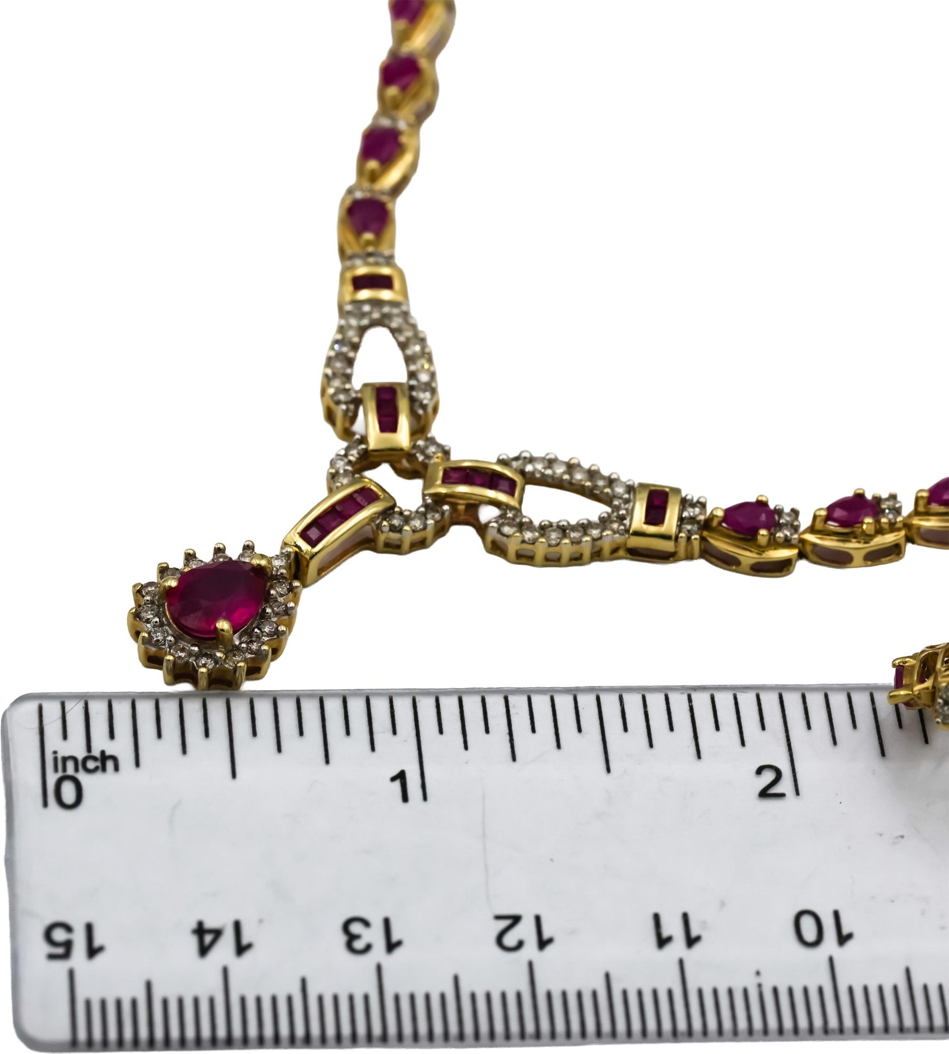 14k Yellow Gold Round Diamond and Pear Cut Ruby Formal Necklace 11.50CT