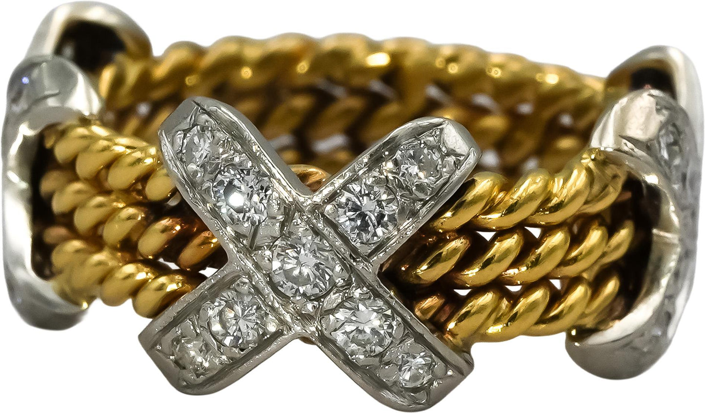 18k Gold & Platinum VS Round Diamond "X" Rope Design Ring 0.60CT Size 4