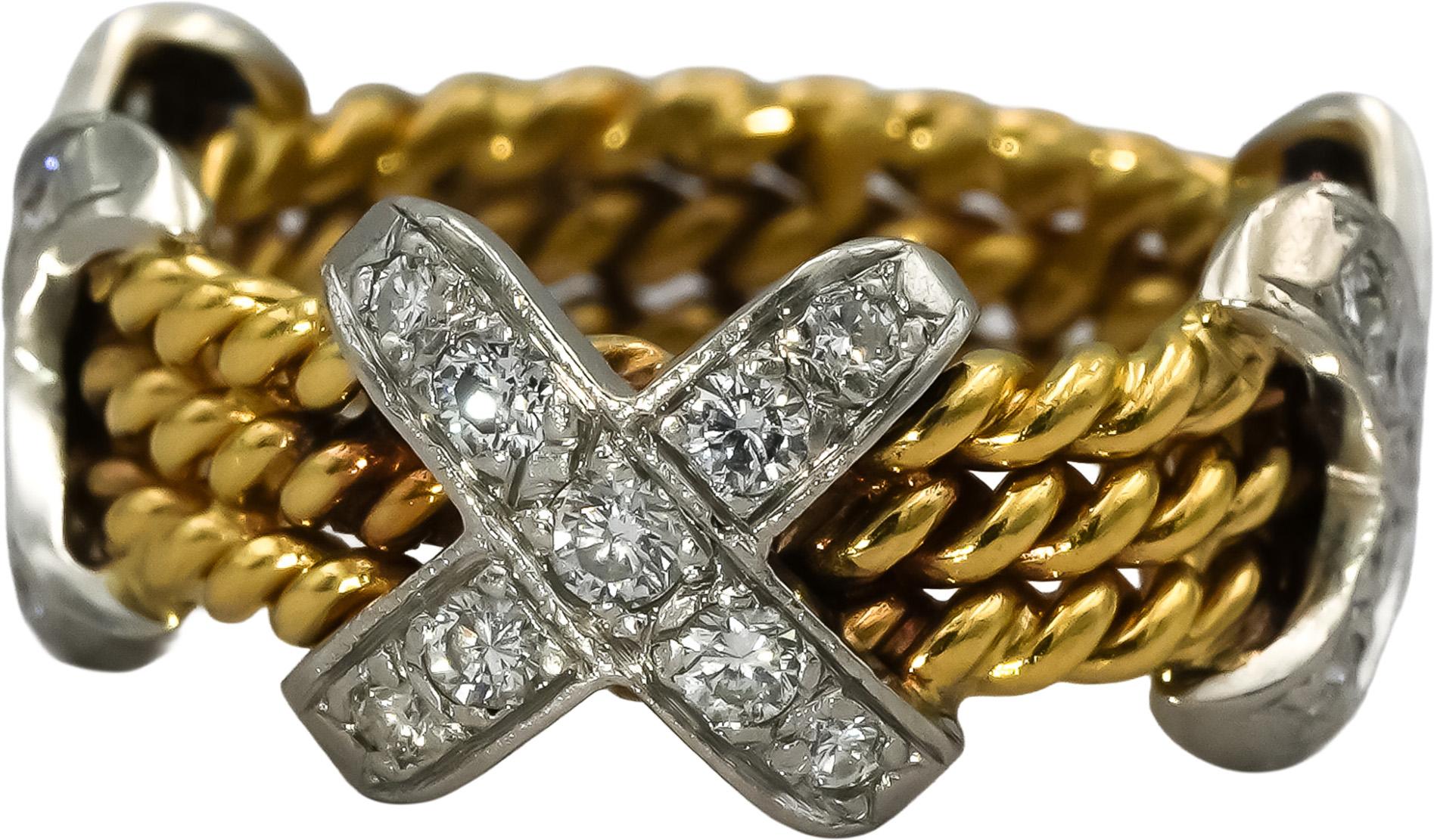 18k Gold & Platinum VS Round Diamond "X" Rope Design Ring 0.60CT Size 4