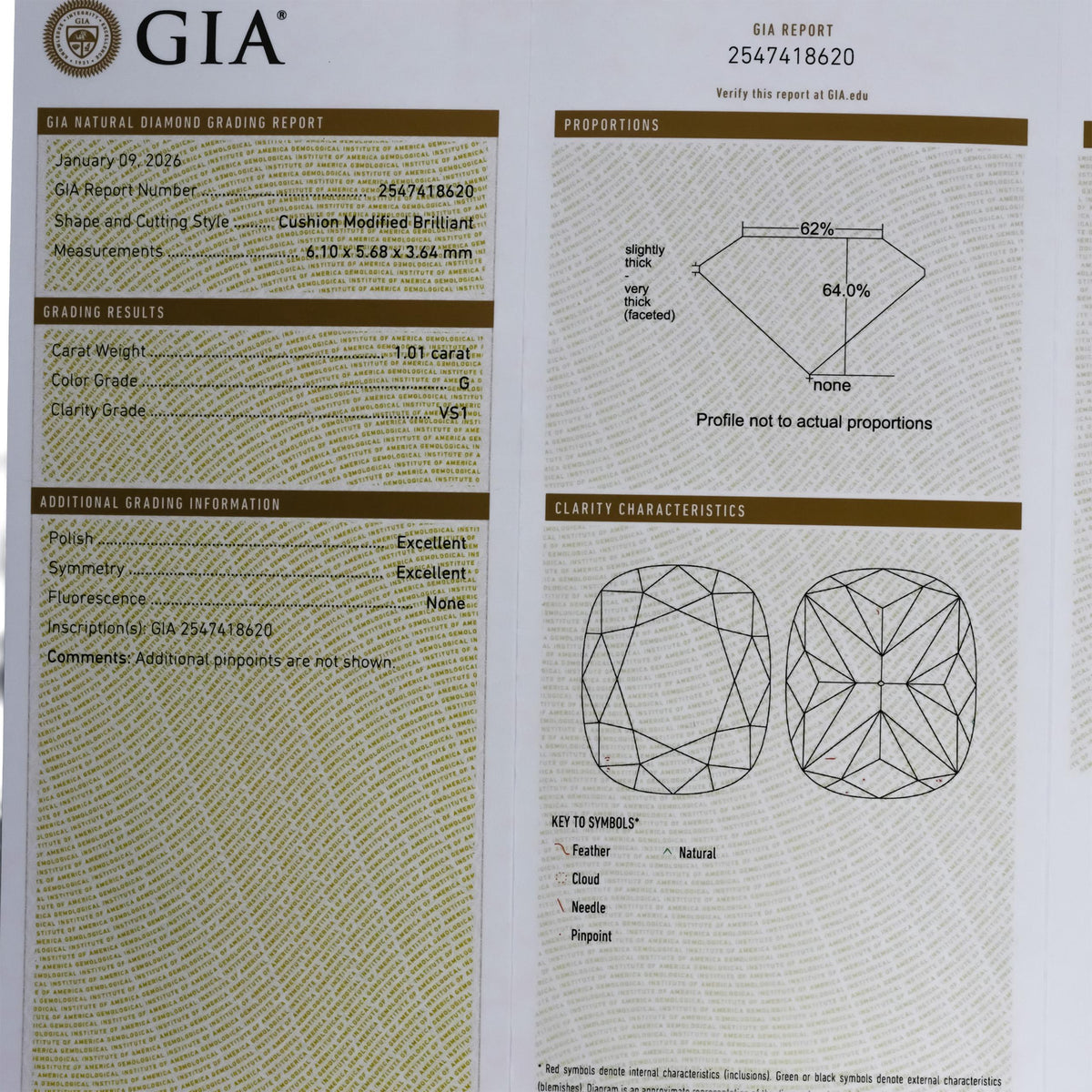 GIA Certified VS1/G Cushion Cut Natural Diamond Loose Stone 1.01CT