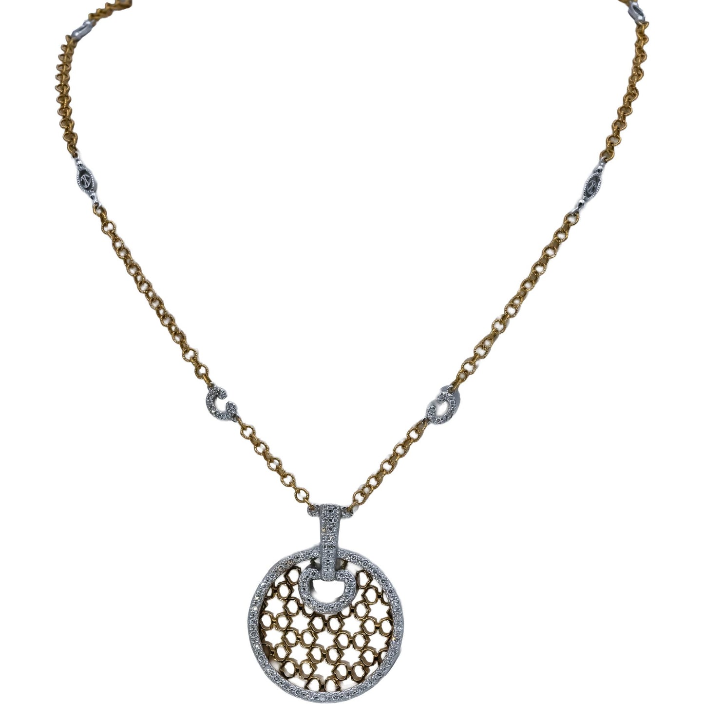 18k White and Yellow Gold VS Round Diamond Pendant Necklace 1.0CT