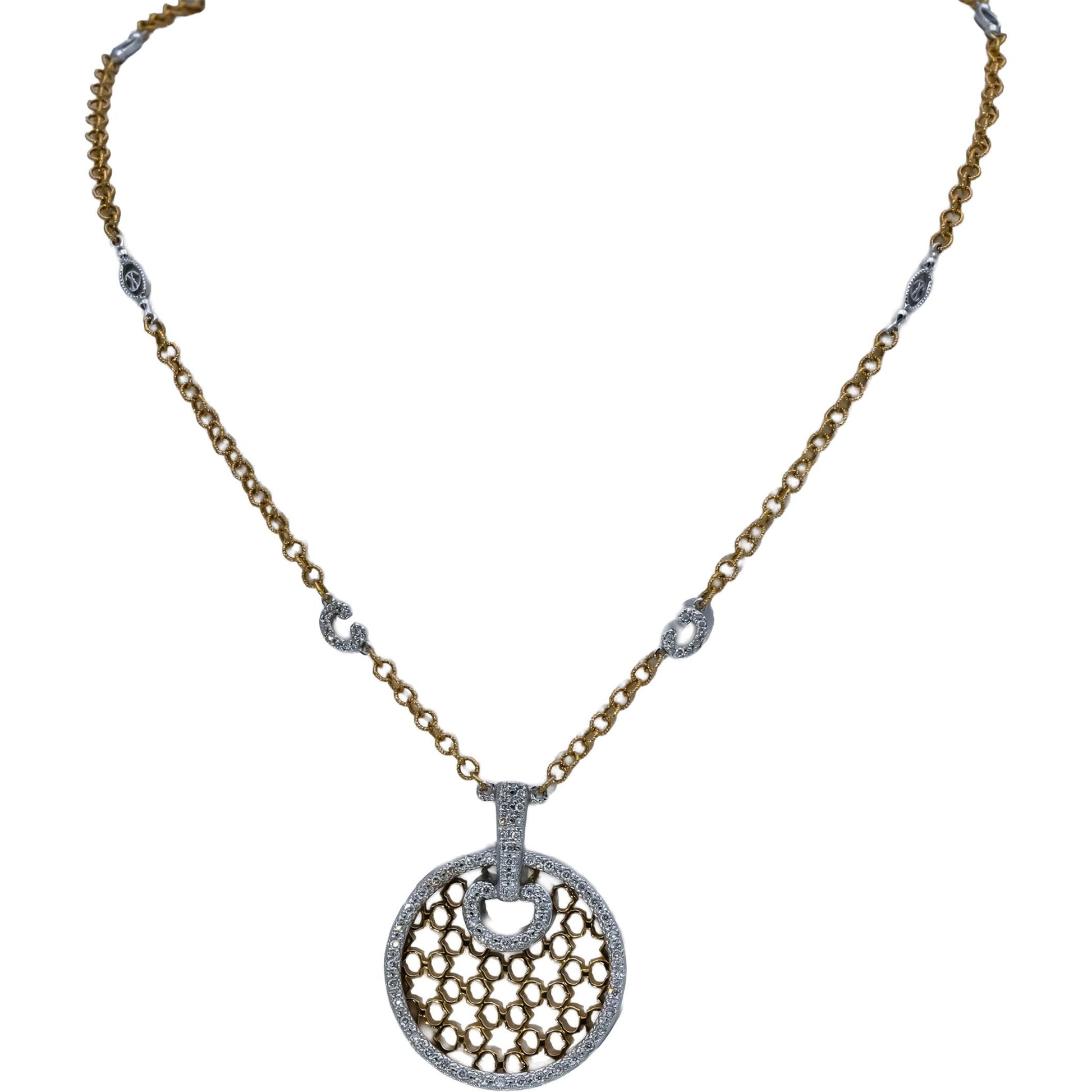 18k White and Yellow Gold VS Round Diamond Pendant Necklace 1.0CT