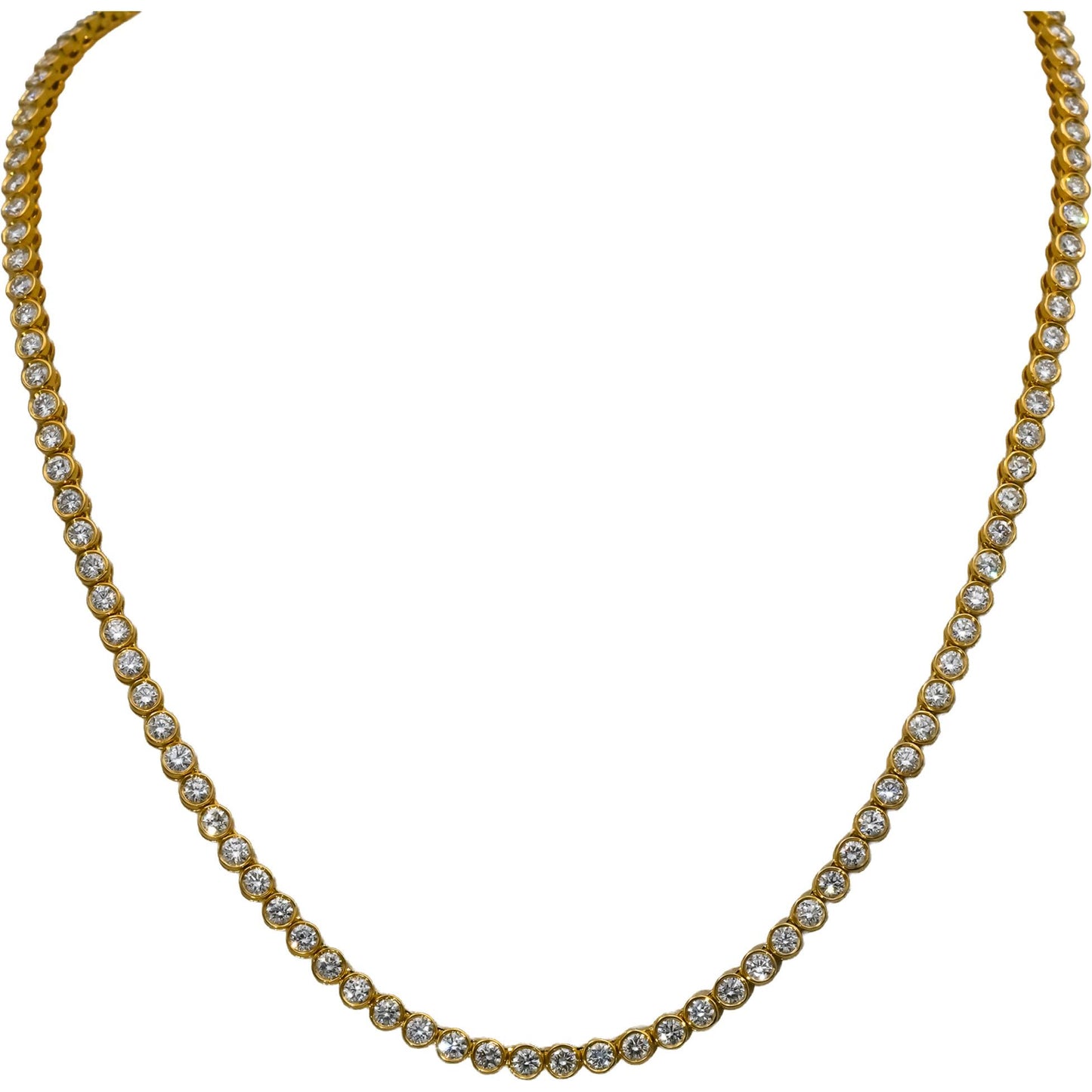 14k Yellow Gold VS Round Bezel Set Diamond Tennis Necklace 9.95CT 123 Pieces
