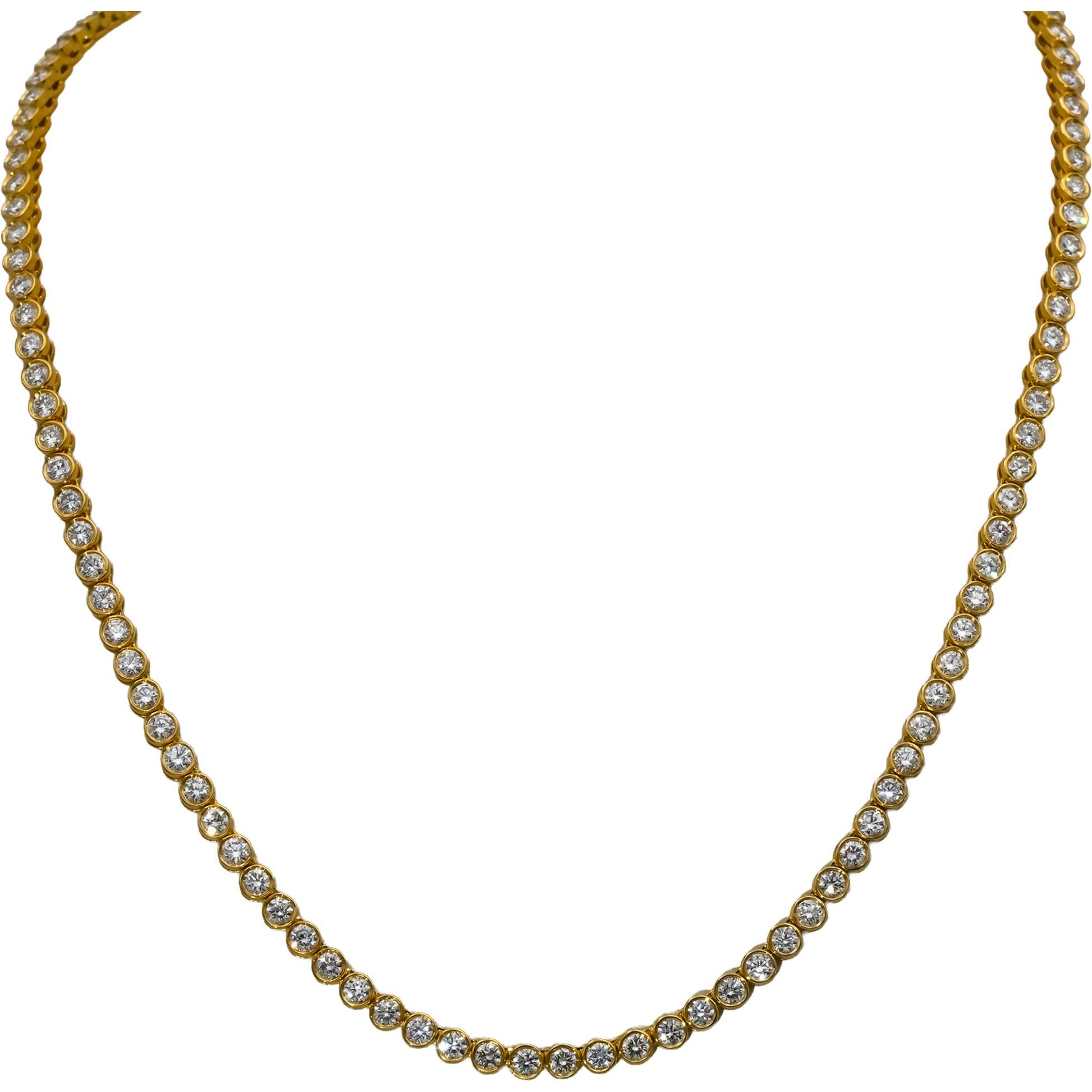 14k Yellow Gold VS Round Bezel Set Diamond Tennis Necklace 9.95CT 123 Pieces