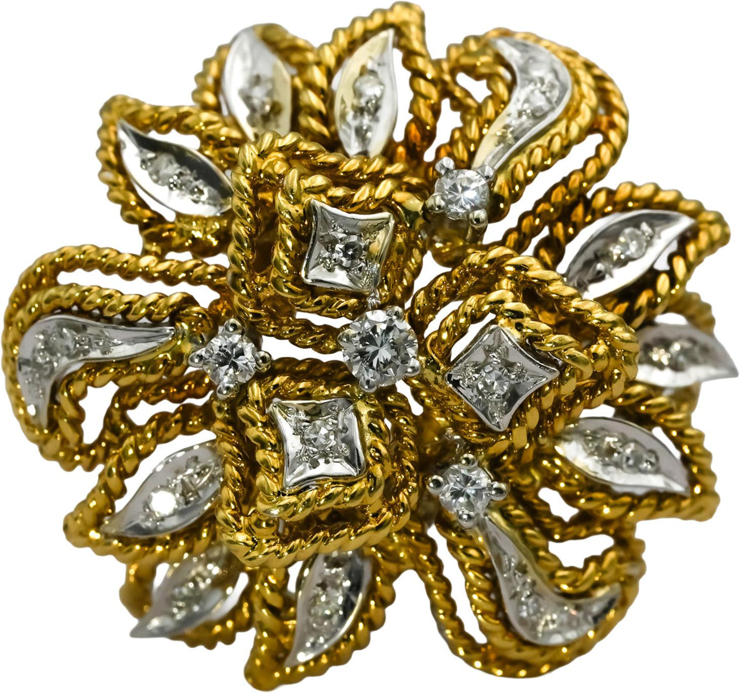Vintage Retro 18k White and Yellow Gold VS Diamond Flower Clip-On Earrings .50CT