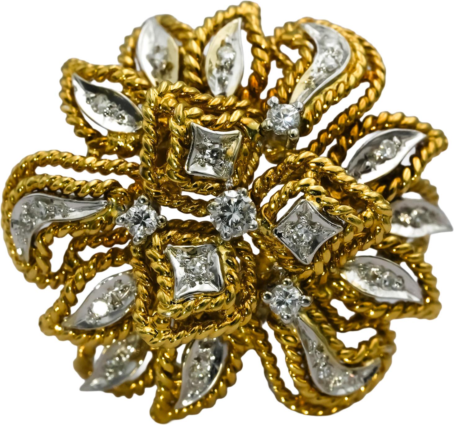 Vintage Retro 18k White and Yellow Gold VS Diamond Flower Clip-On Earrings .50CT