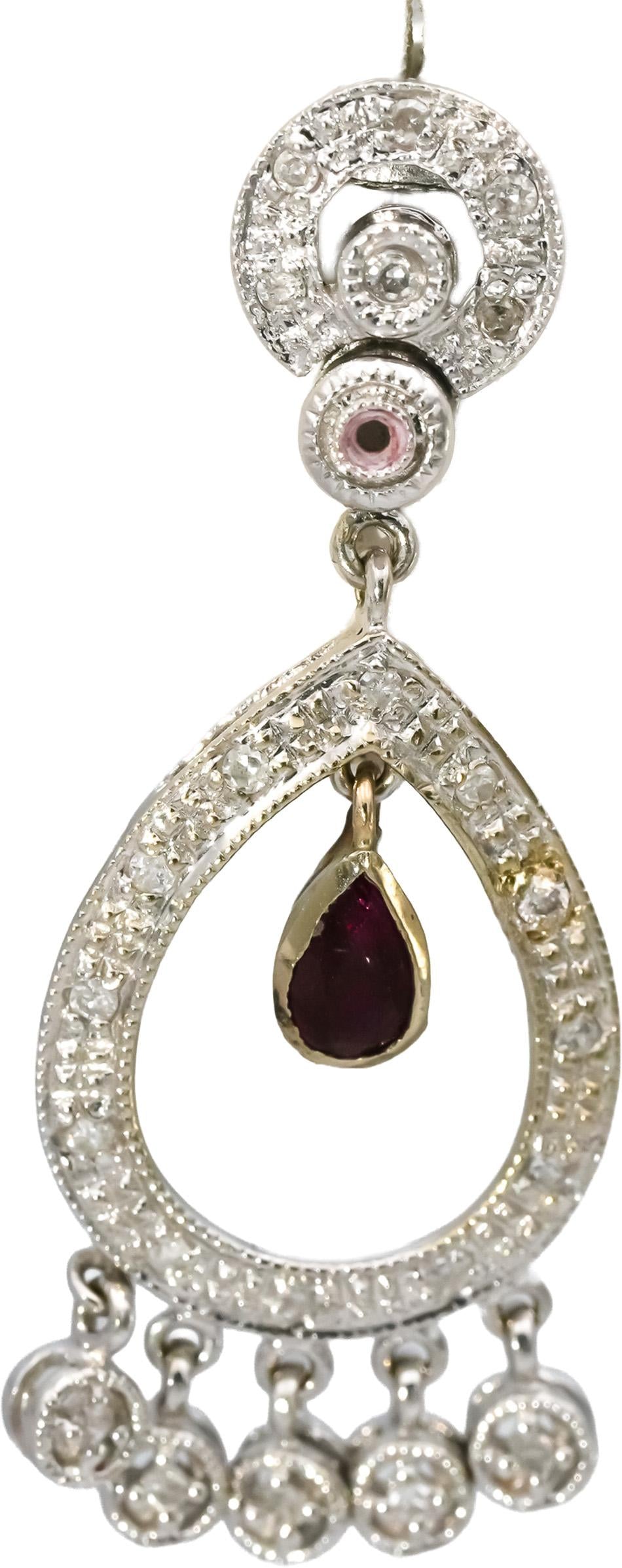 14k White Gold Diamond and Ruby Dangle Drop Earrings 0.75CT