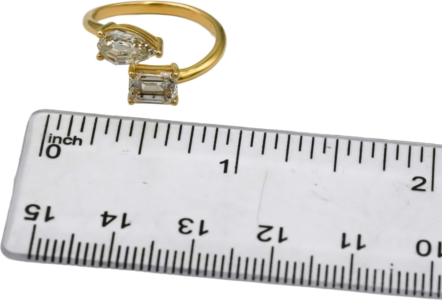 18k Yellow Gold Emerald and Pear Step Cut Diamond Bypass Ring 2.01CT Size 6.5