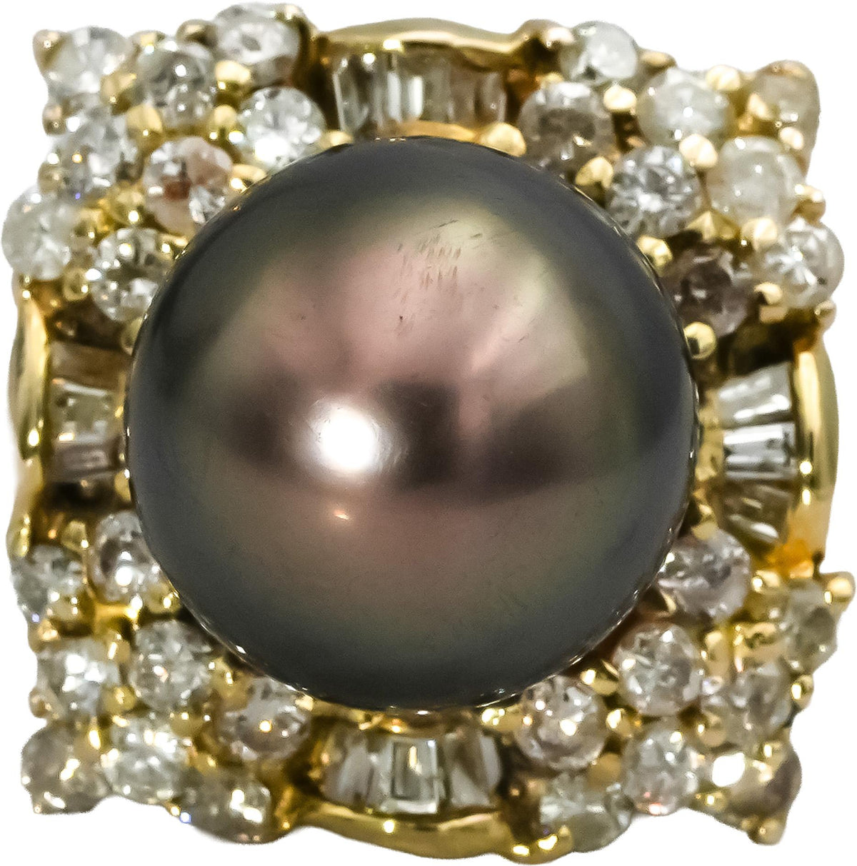 18k Yellow Gold Diamond and 11.5mm Black Tahitian Pearl Ring 1.25CT Size 6