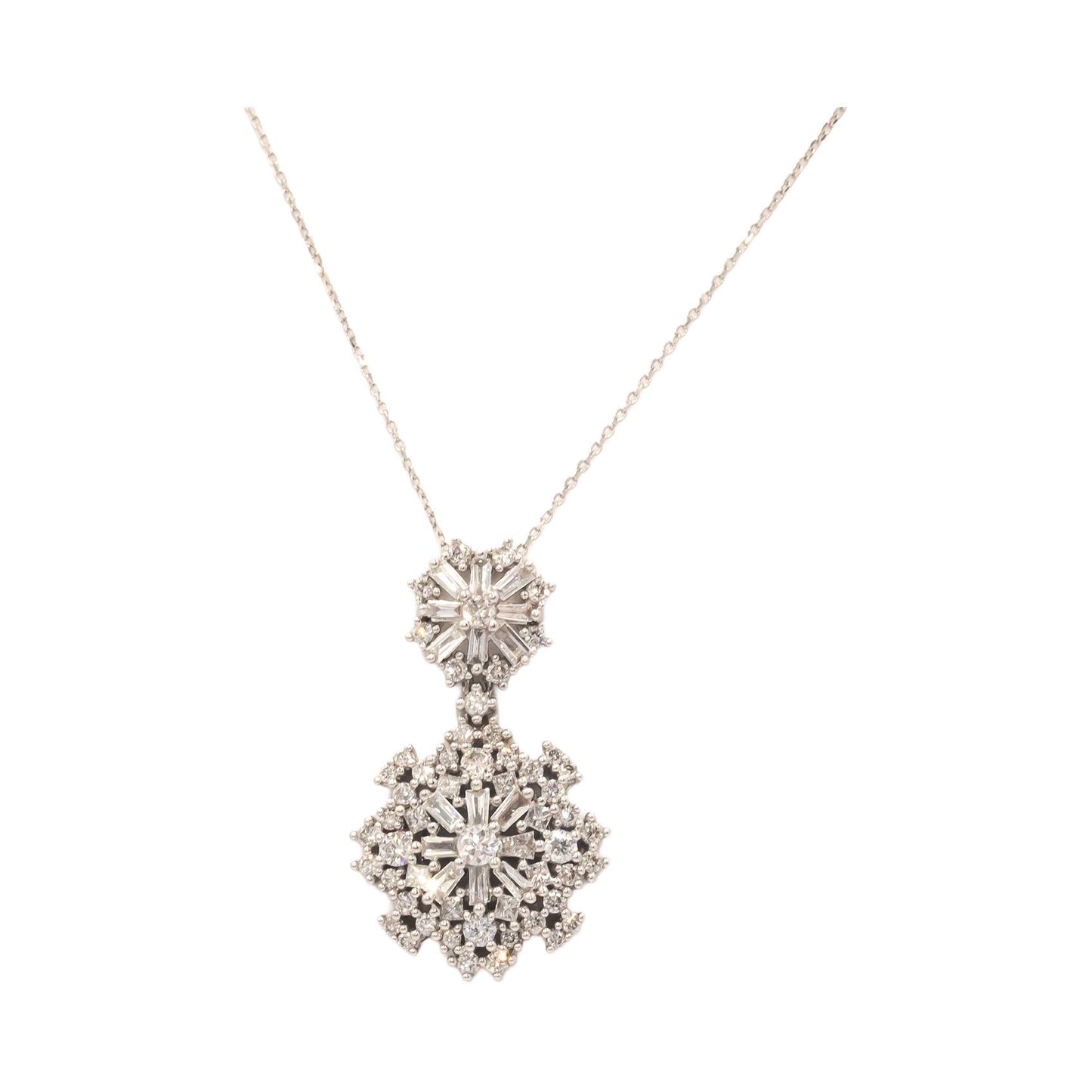 10K White Gold Round & Baguette Cluster Drop Dangle Pendant Necklace 1.0CT