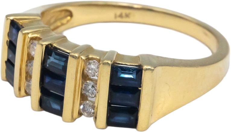 14k Yellow Gold Round Diamond and Square Sapphire Band Ring 0.85CT Size 6.5